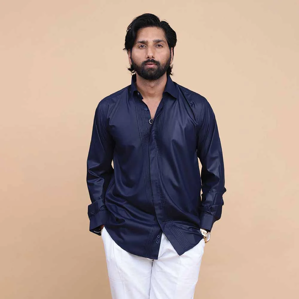 Blue Crest Pleat Full Sleeve Shirt